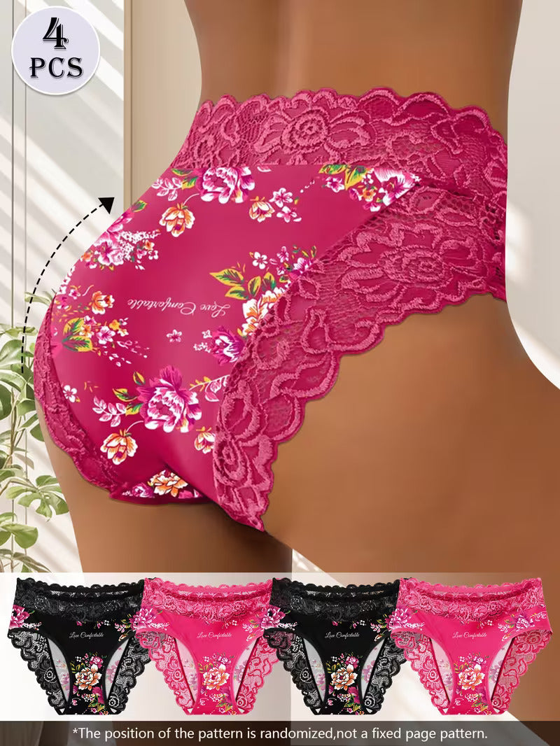 4pcs Women'S Triangle Panties - Elegant Floral Lace Trim Waistband, Soft Breathable Fabric