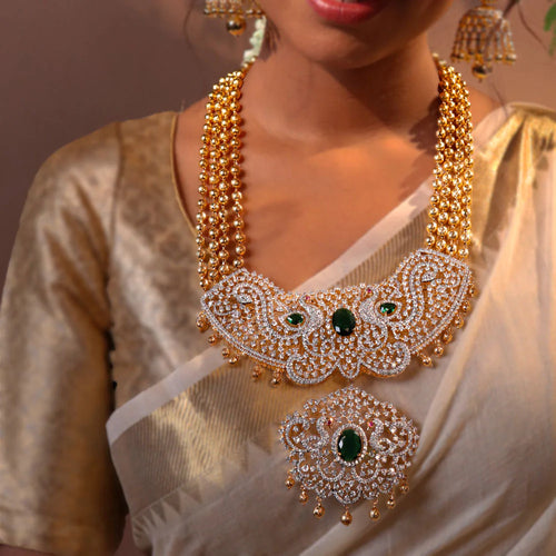 AD Diamond Look Mala Bridal Necklace + Bottu Earring