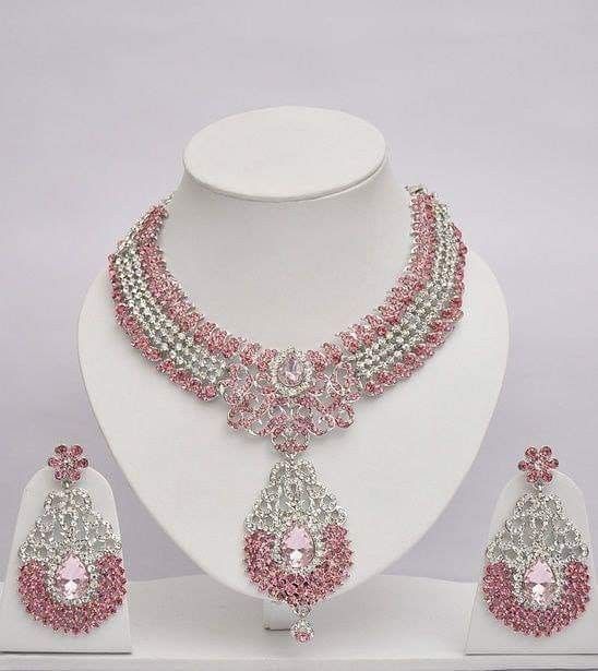 Indian Bollywood White Crystals Wedding Evening Bridal Jewelry Necklace in PINK Tone for Women