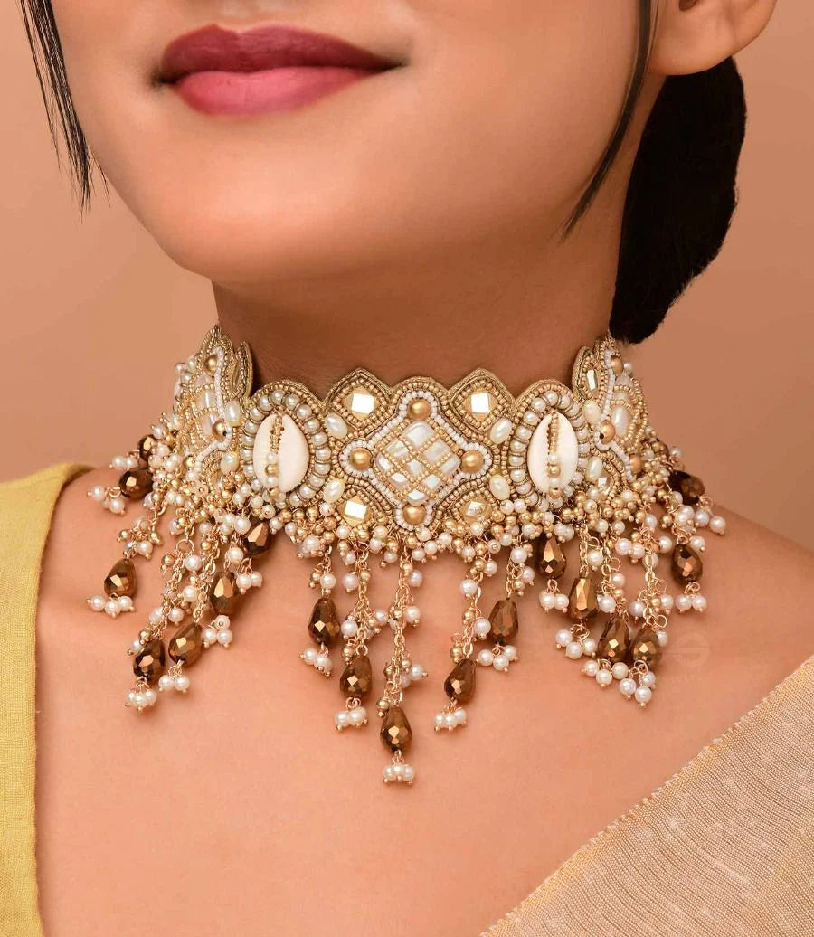 Shells, Beads, Mirror And Glass Drops Hand Embroidered Choker Neckpiece