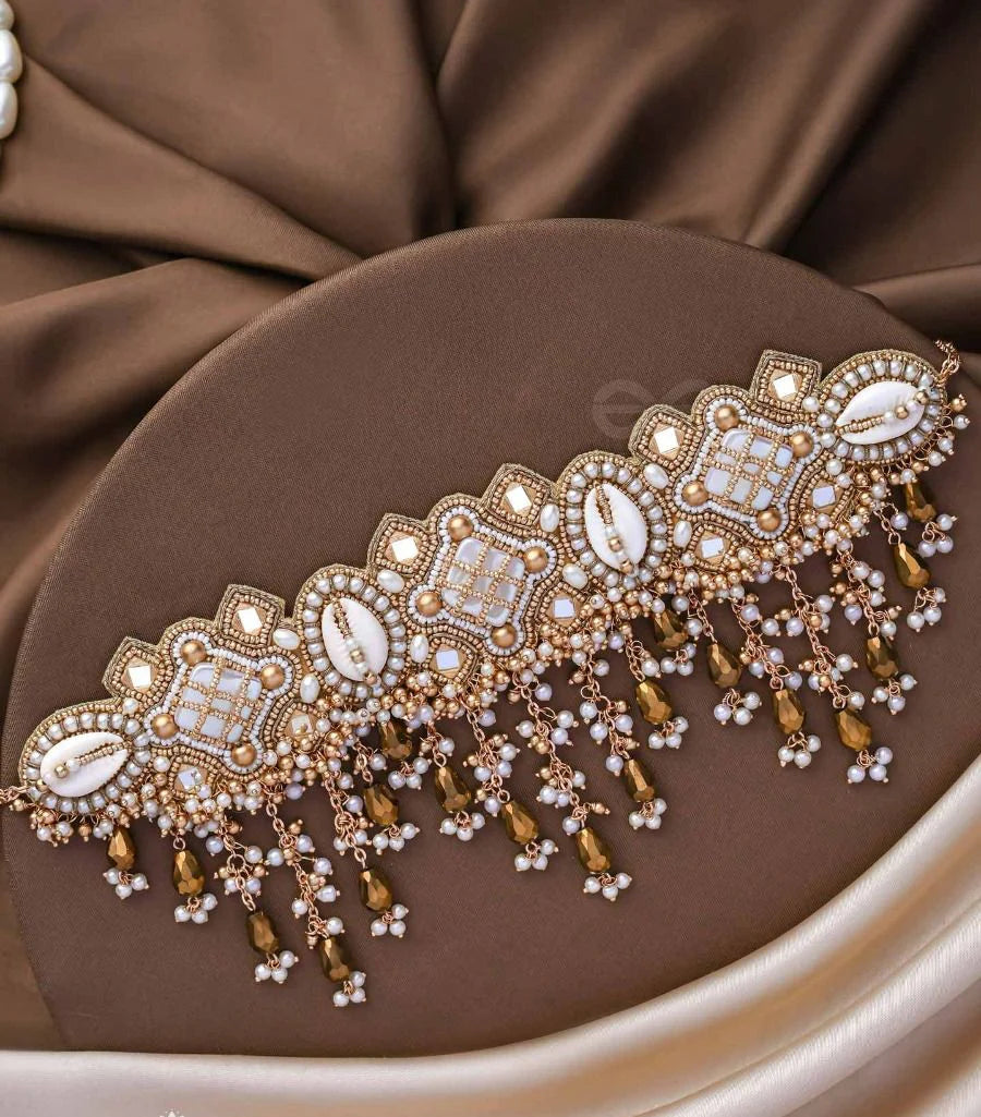 Shells, Beads, Mirror And Glass Drops Hand Embroidered Choker Neckpiece