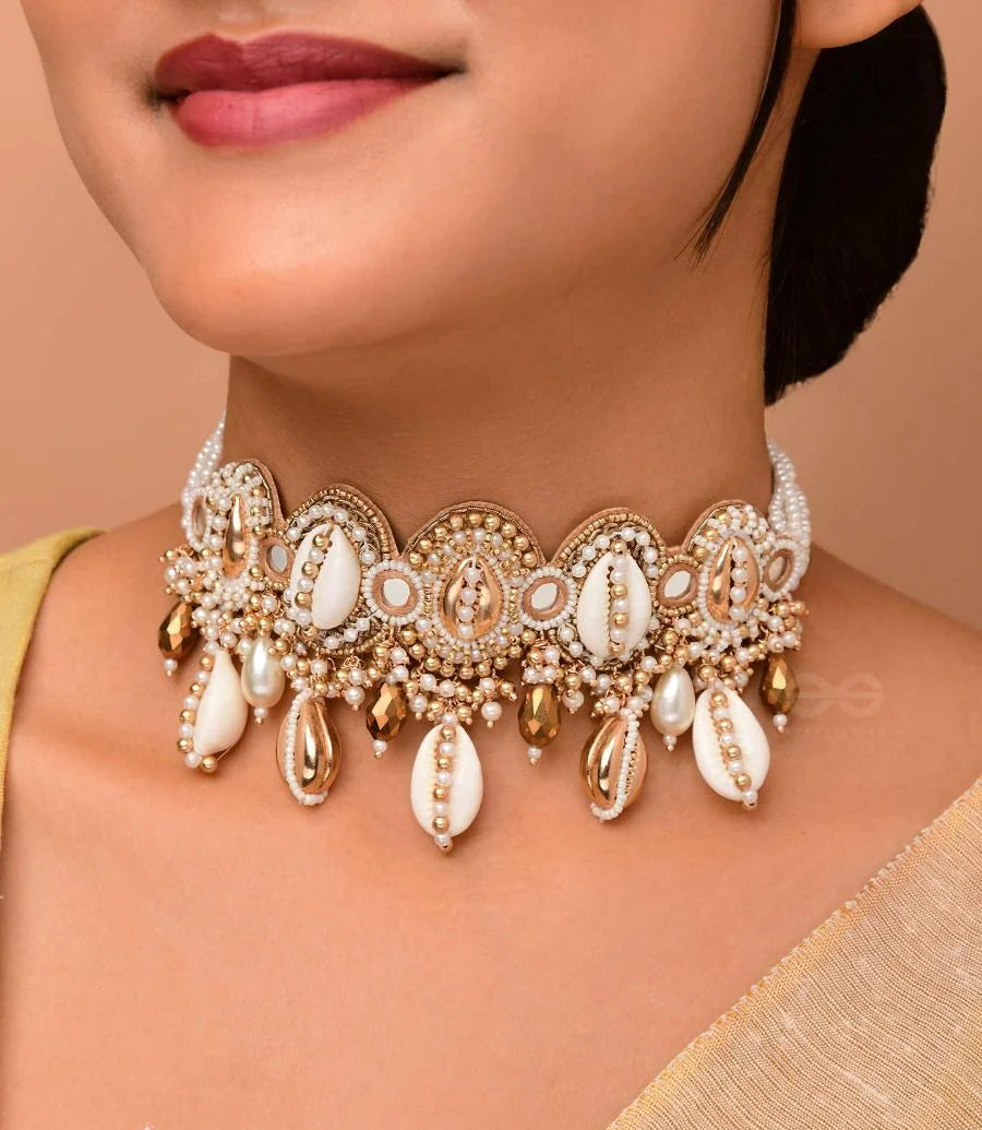 Shells, Beads, Pearl And Glass Drops Hand Embroidered Choker Neckpiece