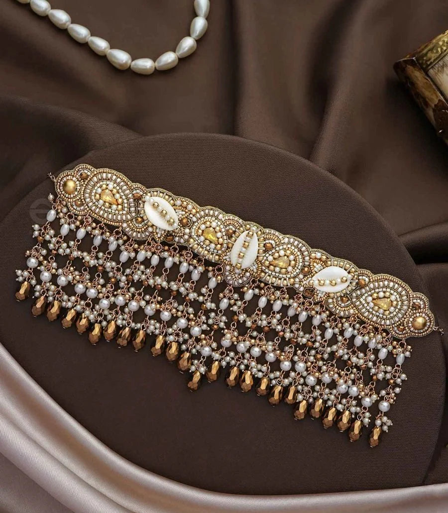 Prishit - Remnants Of The Raindrops- Stones, Beads, Glass Drops And Shells Hand Embroidered Choker Neckpiece