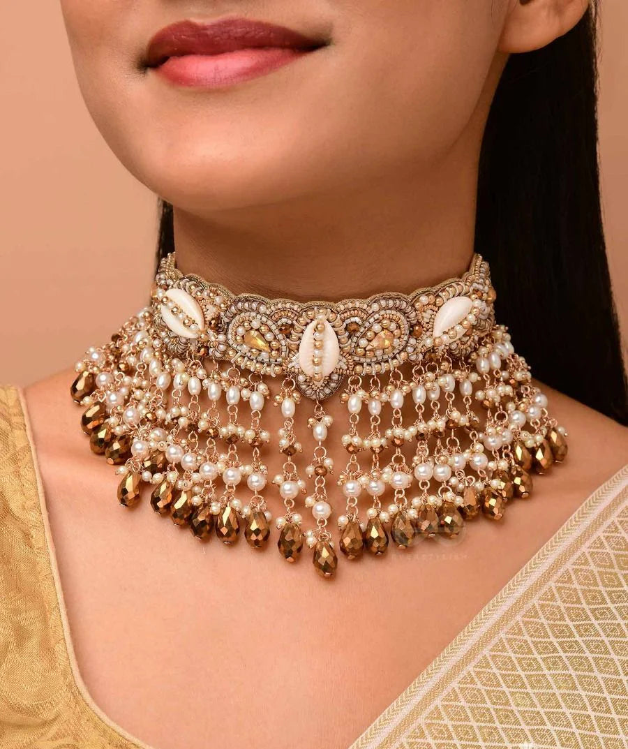 Prishit - Remnants Of The Raindrops- Stones, Beads, Glass Drops And Shells Hand Embroidered Choker Neckpiece