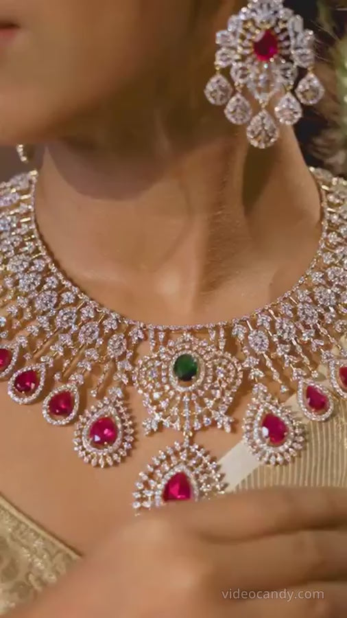 AD Diamond Ruby Emerald Look Bridal Necklace + Earrings Set